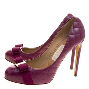 Salvatore Ferragamo Burgundy Vara Bow Quilted Heels - Size 11. EUR size 41